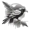 raven with a lightning bolt and dark clouds with the word Trickster  tattoo design idea