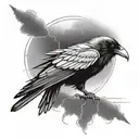 raven with a lightning bolt and dark clouds with the word Trickster  tattoo design idea