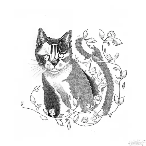 A delicate vine of wildflowers intertwined with a silhouette of a cat tattoo design idea