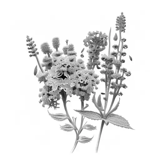 An elegant bouquet of various cat-friendly plants like catnip, catmint, and valerian tattoo design idea