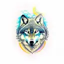 Wolf mit Bunten Augen Mond Wald Kirche Berg tattoo design idea