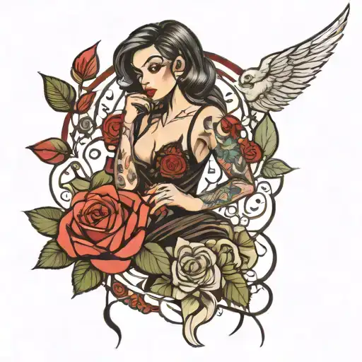 sexy girl with red roses tattoo design idea