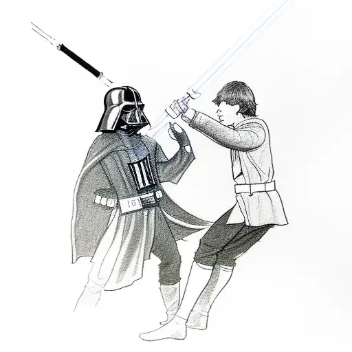 A minimalist sketch of a lightsaber duel between Darth Vader and Luke Skywalker, capturing the intensity of their iconic confrontation tattoo design idea
