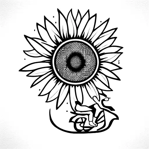 ancient chinese man carriess a sunflower while driving motorcycle in the mountains tattoo design idea