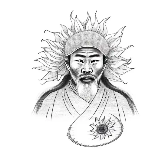 minimalist ancient Chinese man holds a sunflower while riding motorcycle tattoo design idea