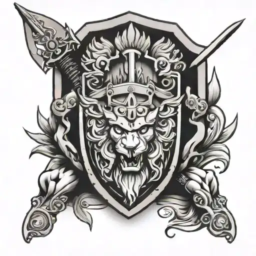 spartan warior whit shield and sword and lion tattoo design idea