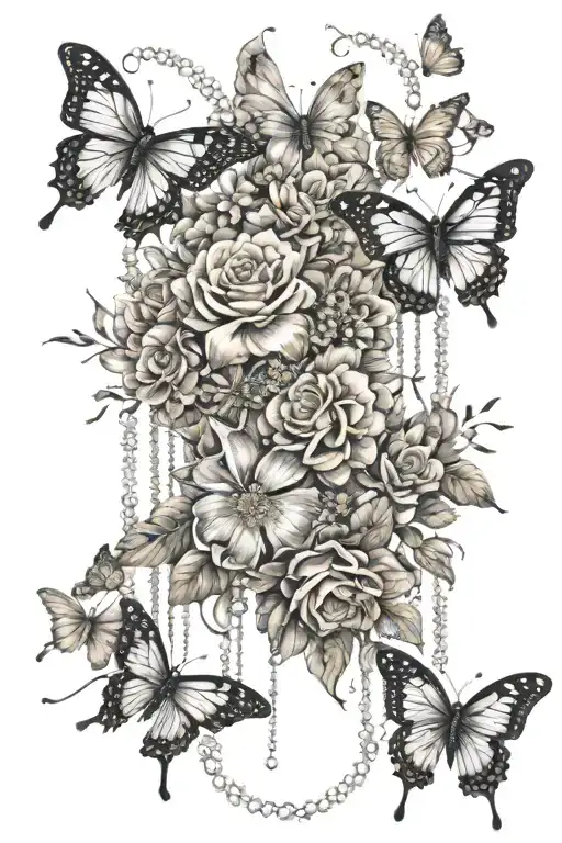 long bed of flowers with butterflies , hanging chains , pearls , sparkles, fairies, nature tattoo design idea