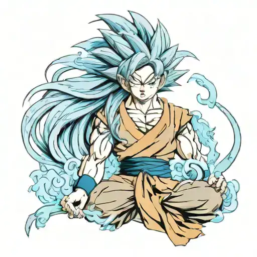 Goku style girl with long hair playing with Grandpa Gohan but this one with aquamarine eyes tattoo design idea