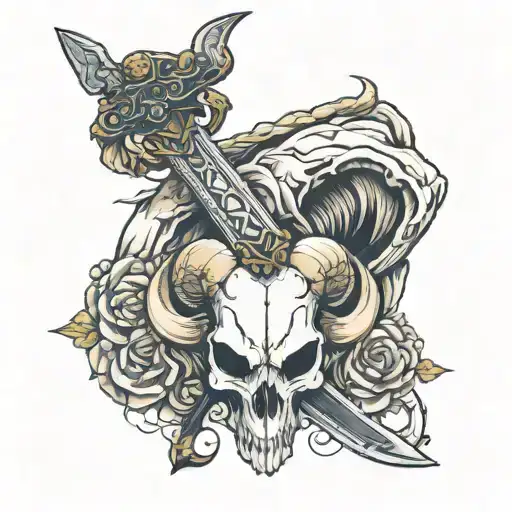 ram skull and sword tattoo design idea