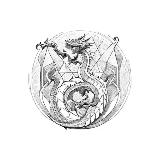 geometric dragon curling up broken sword tattoo design idea
