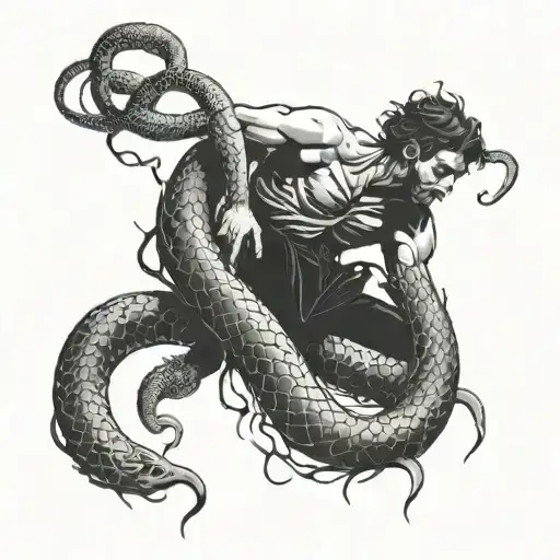dantes inferno style, person being wrapped on a snake tattoo design idea
