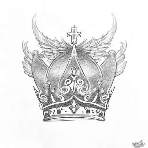 An intricate crown design with angel wings incorporated into the design, in memory of the person who died tattoo design idea