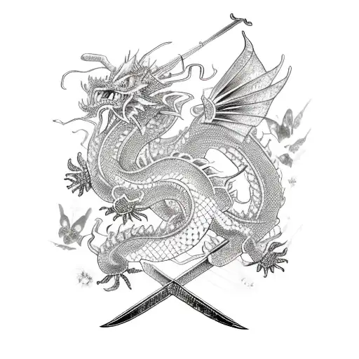 sword with butterflies and chinese dragon tattoo design idea