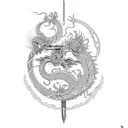 sword with butterflies and chinese dragon tattoo design idea