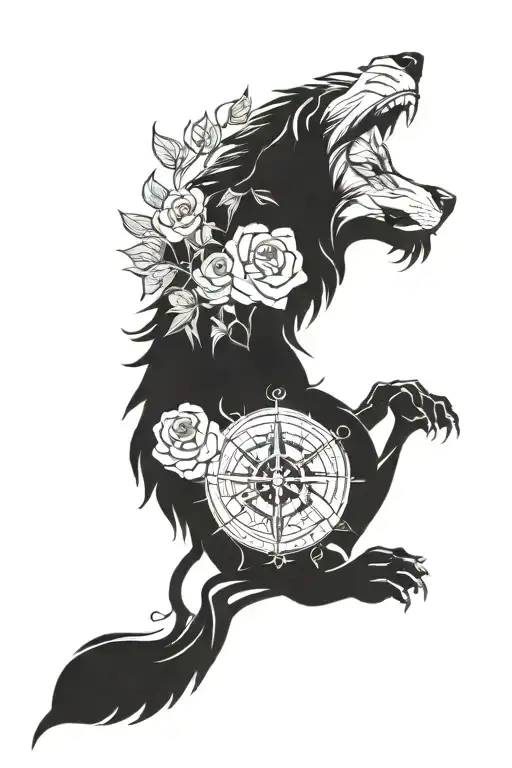 lion, compass and wolf covered in roses tattoo design idea