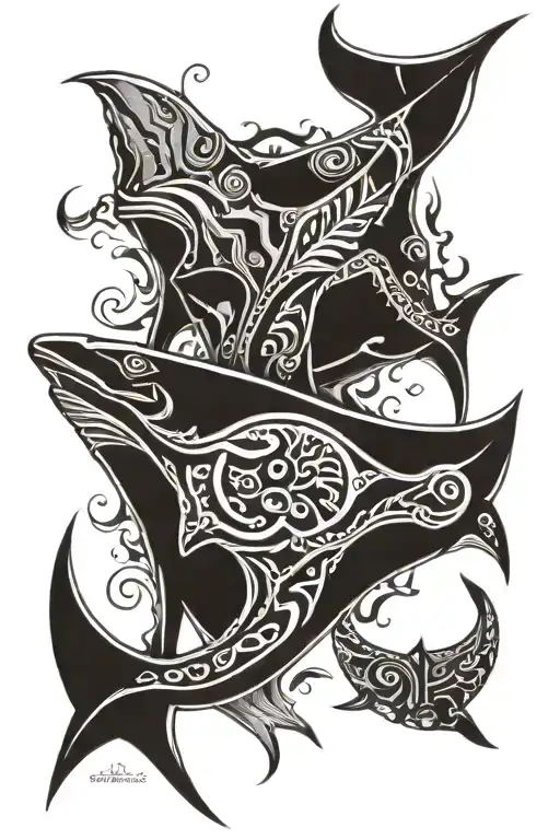 manta ray and hemmerhead shark in tribal form tattoo design idea