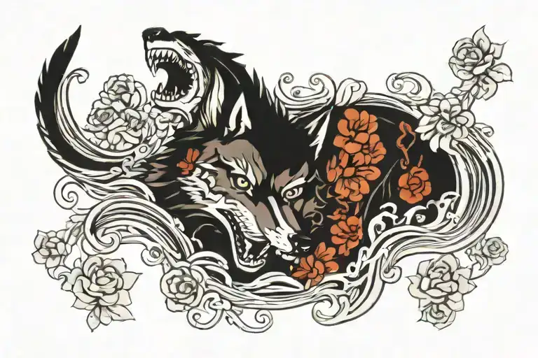 half skeletonised wolve with waves of water and flowers tattoo design idea