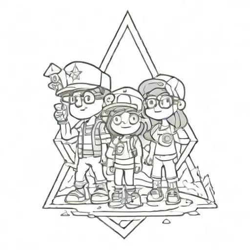 a black and white sketch for a pair of outline tattoos with the characters of "gravity falls" Mabel and Dipper tattoo design idea