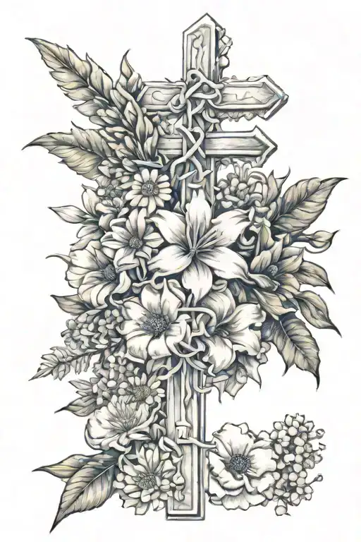 birth flower bouquet with july, may, september, and august flowers. wrapped around a cross with clouds & sunshine behind tattoo design idea