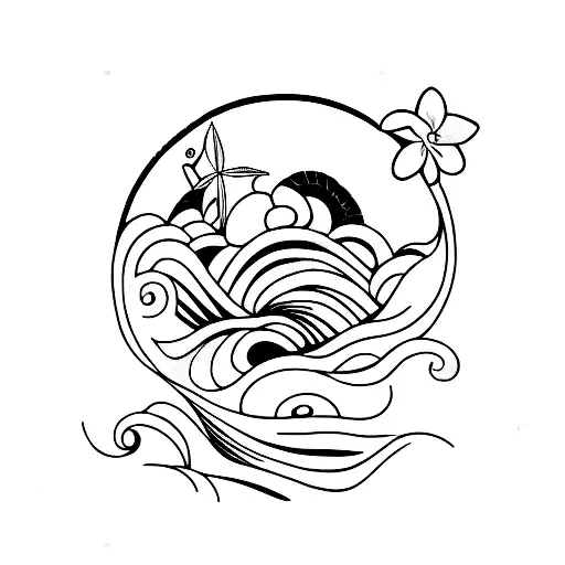 A minimalist tattoo of a beach chair under a blooming flower umbrella, with waves crashing in the distance tattoo design idea