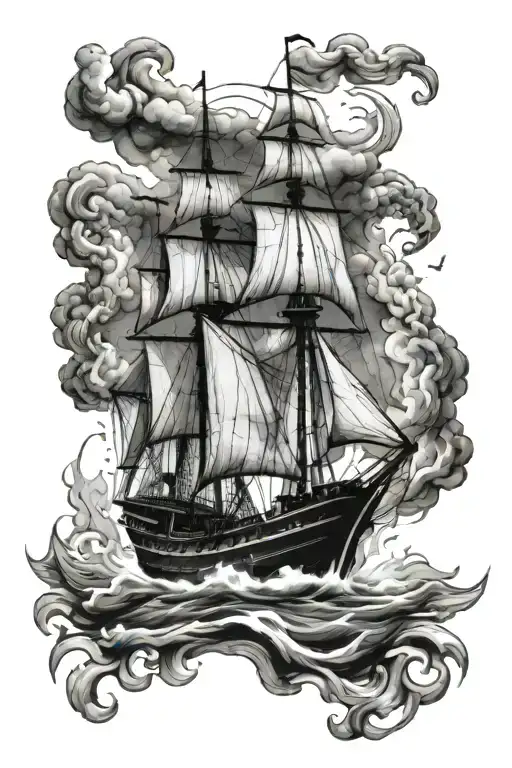 front view of black and white Roman sail boat burning tattoo design idea
