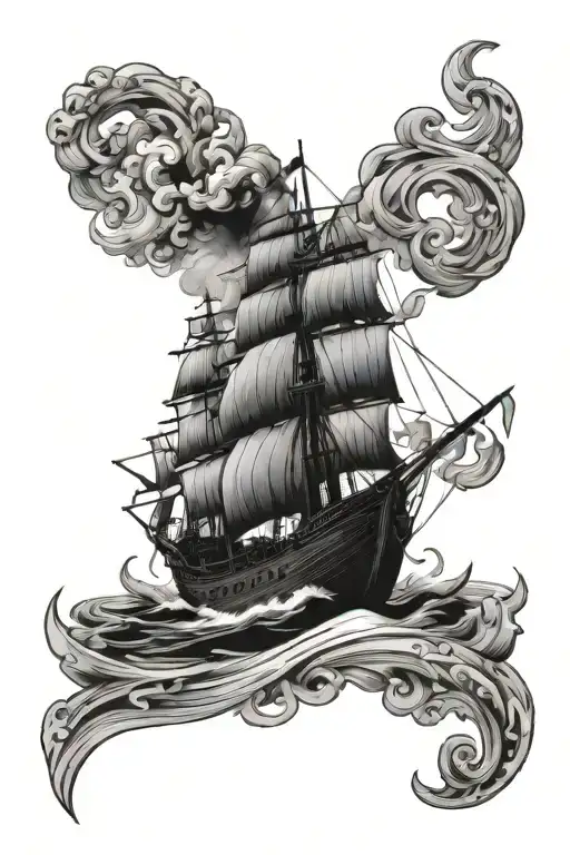 An anchored Roman ship with sails on fire right off the beach with no one on board, with the bow facing the viewer tattoo design idea