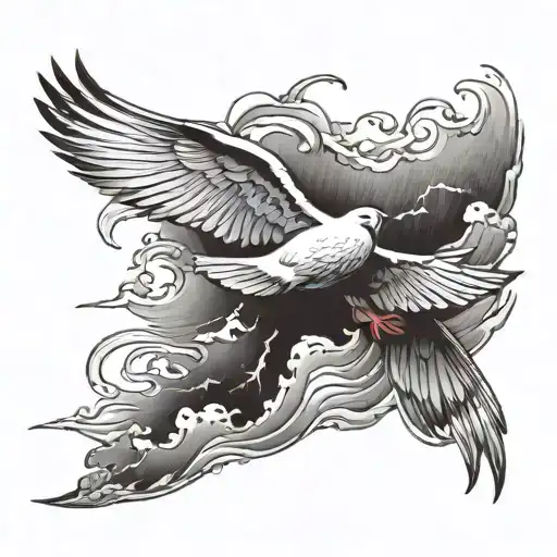 storm waters with dove flying to the clouds and small boat tattoo design idea