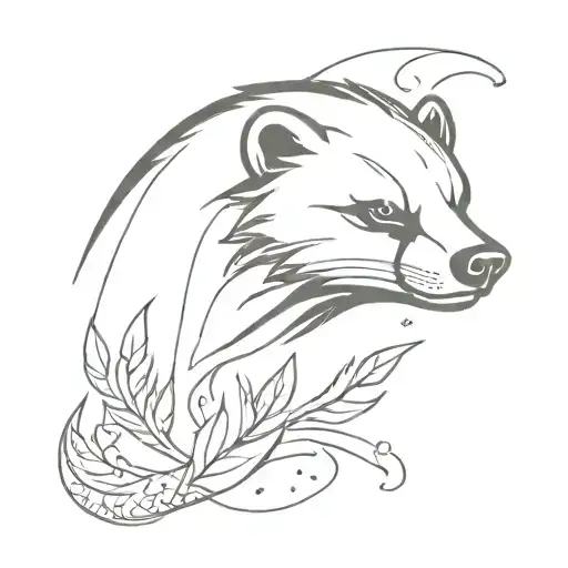 a honey badger face in flames and leaves tattoo design idea