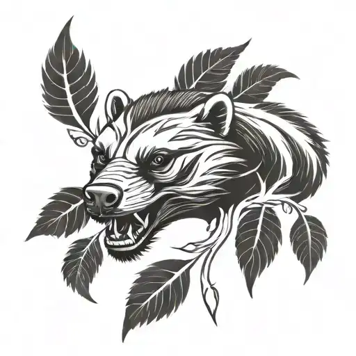 a honey badger face in flames and leaves tattoo design idea