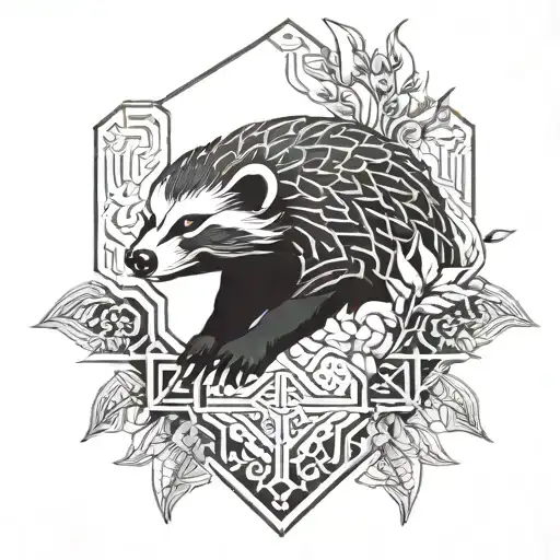 a honey badger face in flames and leaves chinese style tattoo design idea