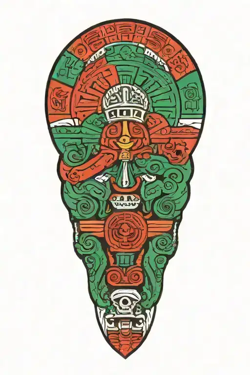 mexico flag with Aztec warrior meditating tattoo design idea