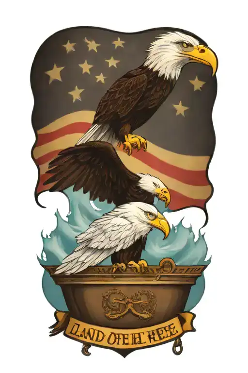 bald eagle perched on a Submarine, with waves crashing and 2 banners that reads "Land of the Free and Home of the Brave" tattoo design idea