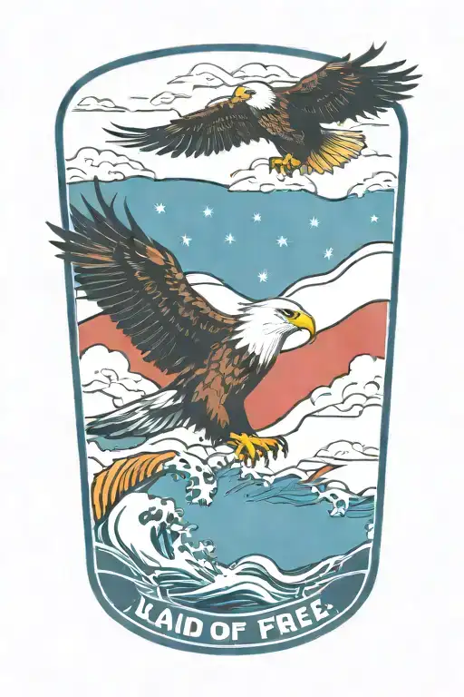 bald eagle perched on a Submarine, with waves crashing and 2 banners that reads "Land of the Free and Home of the Brave" tattoo design idea
