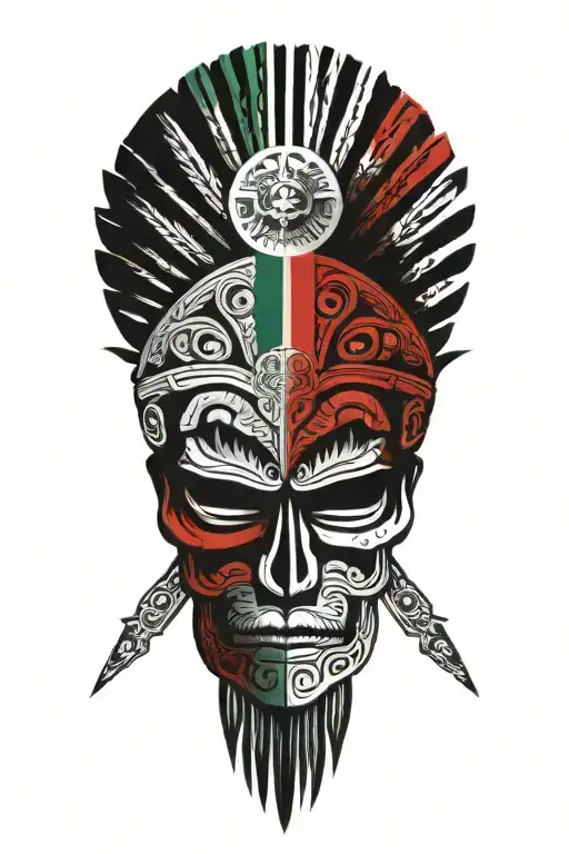 mexico flag with Aztec warrior meditating tattoo design idea