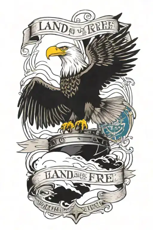 bald eagle perched on a Submarine, with waves crashing and 2 banners that reads "Land of the Free and Home of the Brave" tattoo design idea