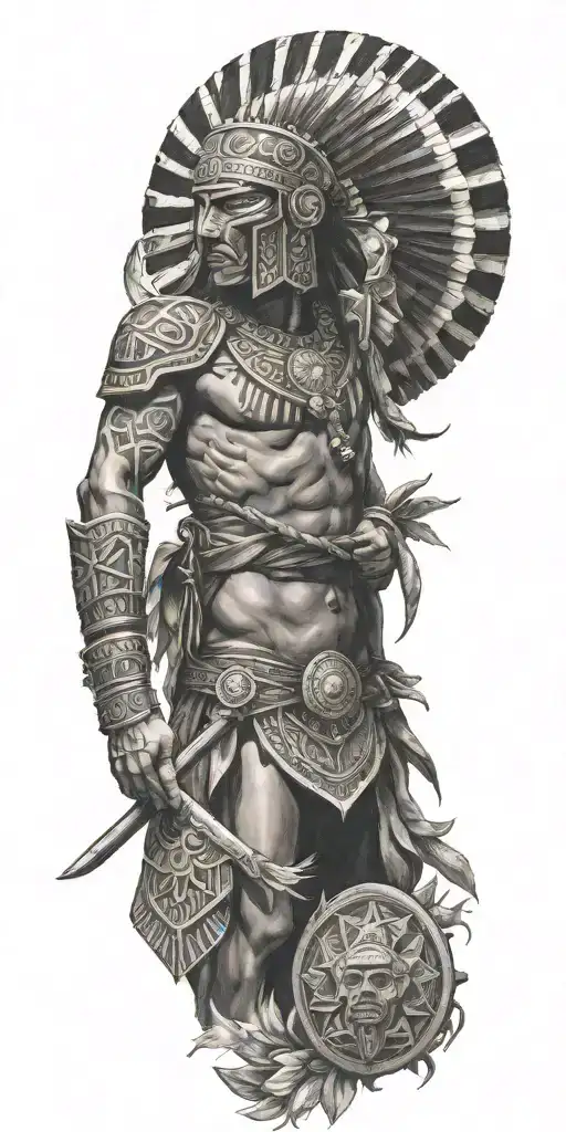 Mexico Aztecs warrior with flag intertwined tattoo design idea