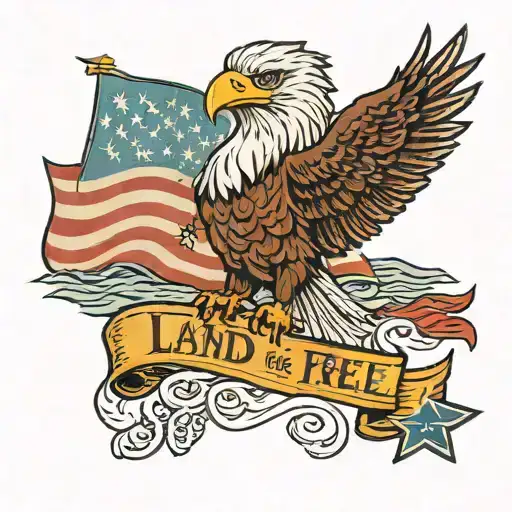 bald eagle perched on a submarine, with waves crashing and a banner that reads ' Land of the Free, Home of the Brave' tattoo design idea