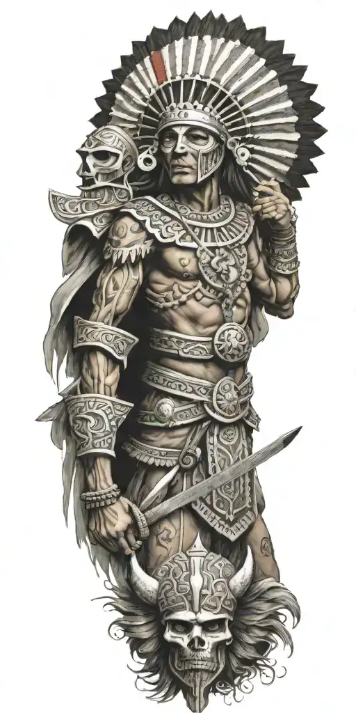 Aztecs warrior with Mexican flag morphing tattoo design idea