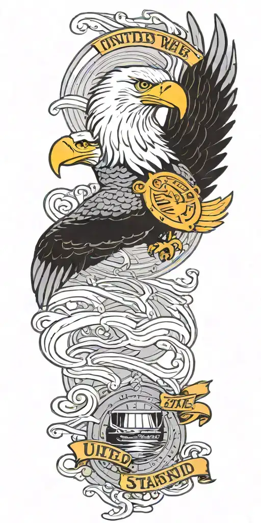 A traditional tattoo featuring a bald eagle perched on a submarine, with waves crashing around them and a banner that reads 'United We Stand' tattoo design idea