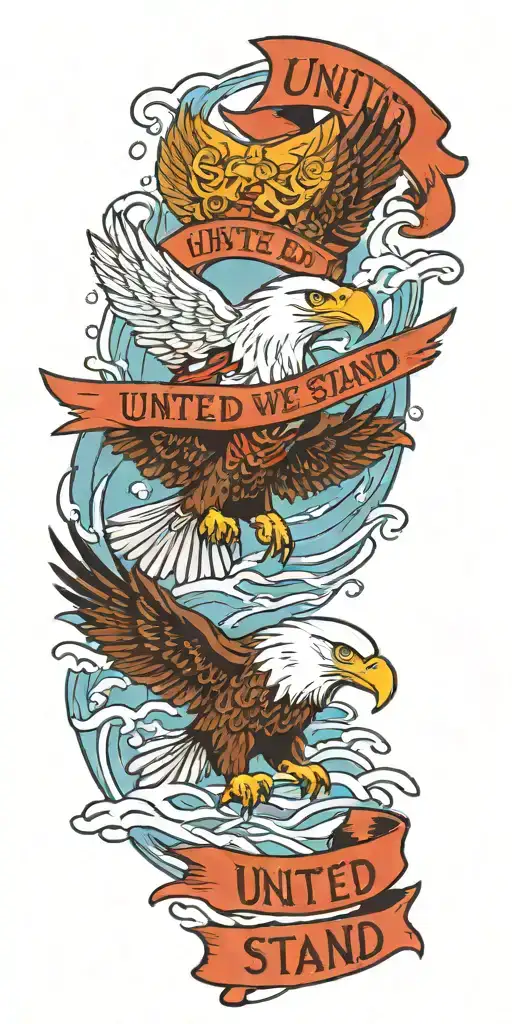 A traditional tattoo featuring a bald eagle perched on a submarine, with waves crashing around them and a banner that reads 'United We Stand' tattoo design idea