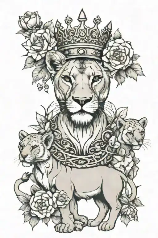 lioness with 5 cubs, a crown, flowers  tattoo design idea