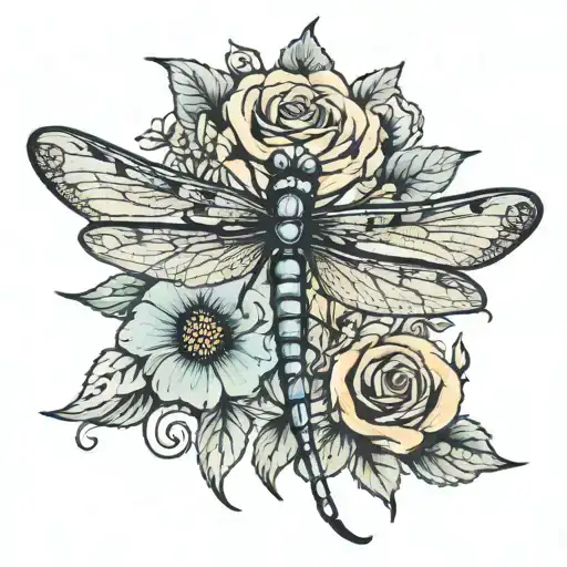 dragonfly and a snail with flowers   tattoo design idea