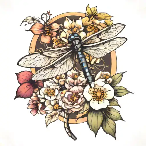 dragonfly with flowers and snail tattoo design idea