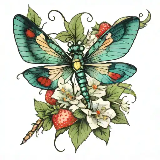 dragonfly with flowers and snail eating strawberries tattoo design idea
