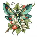 dragonfly with flowers and snail eating strawberries tattoo design idea