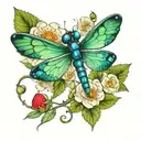 dragonfly with flowers and snail eating strawberries tattoo design idea