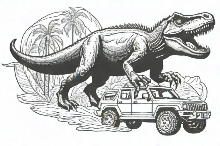Jurassic park trex standing on jeep cruising tattoo design idea