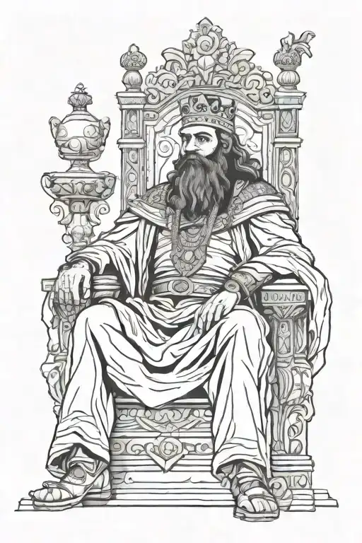Majestic and wise King Solomon with a well-defined face sitting on his throne, imposing. Realistic and naturalistic style. tattoo design idea