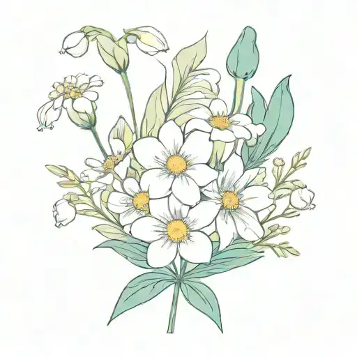 flower bouquet with Lilly of the valley, daisy, aster and carnation. tattoo design idea
