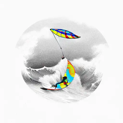A kitesurfer riding a giant wave with a colorful kite in the sky tattoo design idea